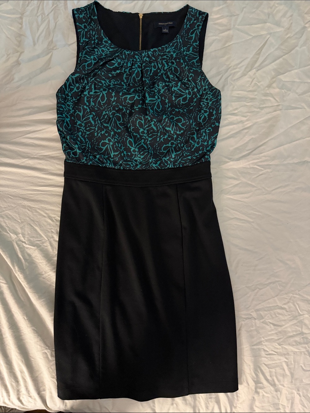 Banana Republic Sleeveless Black Sheath Dress with Teal Floral Bodice